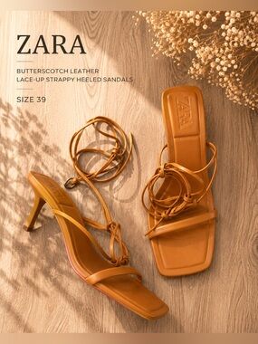 ZARA Butterscotch Leather Lace-Up Strappy Heeled Sandals Size 39